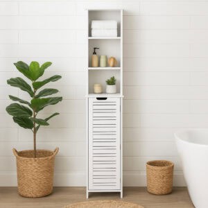 “White tall storage cabinet with vented door and open shelves”