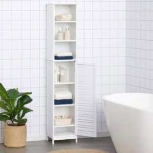 “Tall white bathroom cabinet open displaying multiple storage shelves”