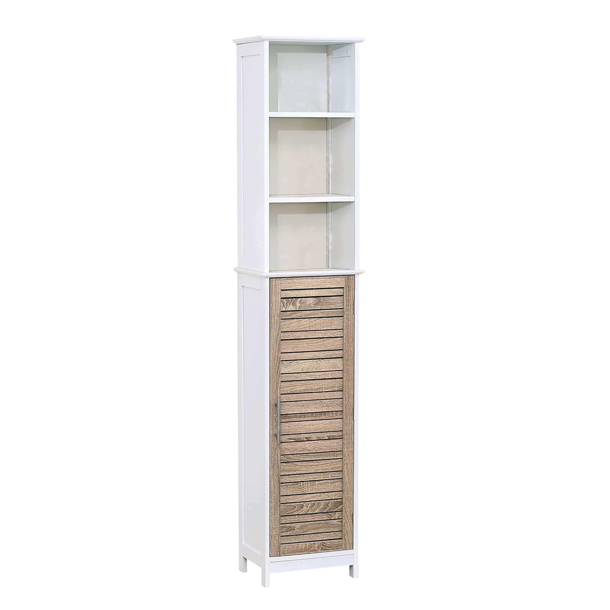 Front view of the tall bathroom storage cabinet: A sleek tall bathroom storage cabinet featuring three open shelves and a closed compartment with a vented wooden door.