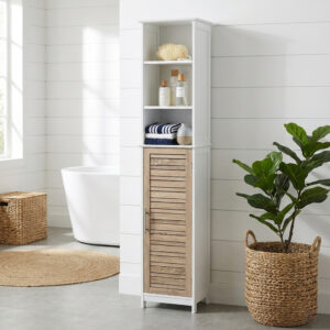 “Tall white bathroom cabinet with wood vented door and open shelves”