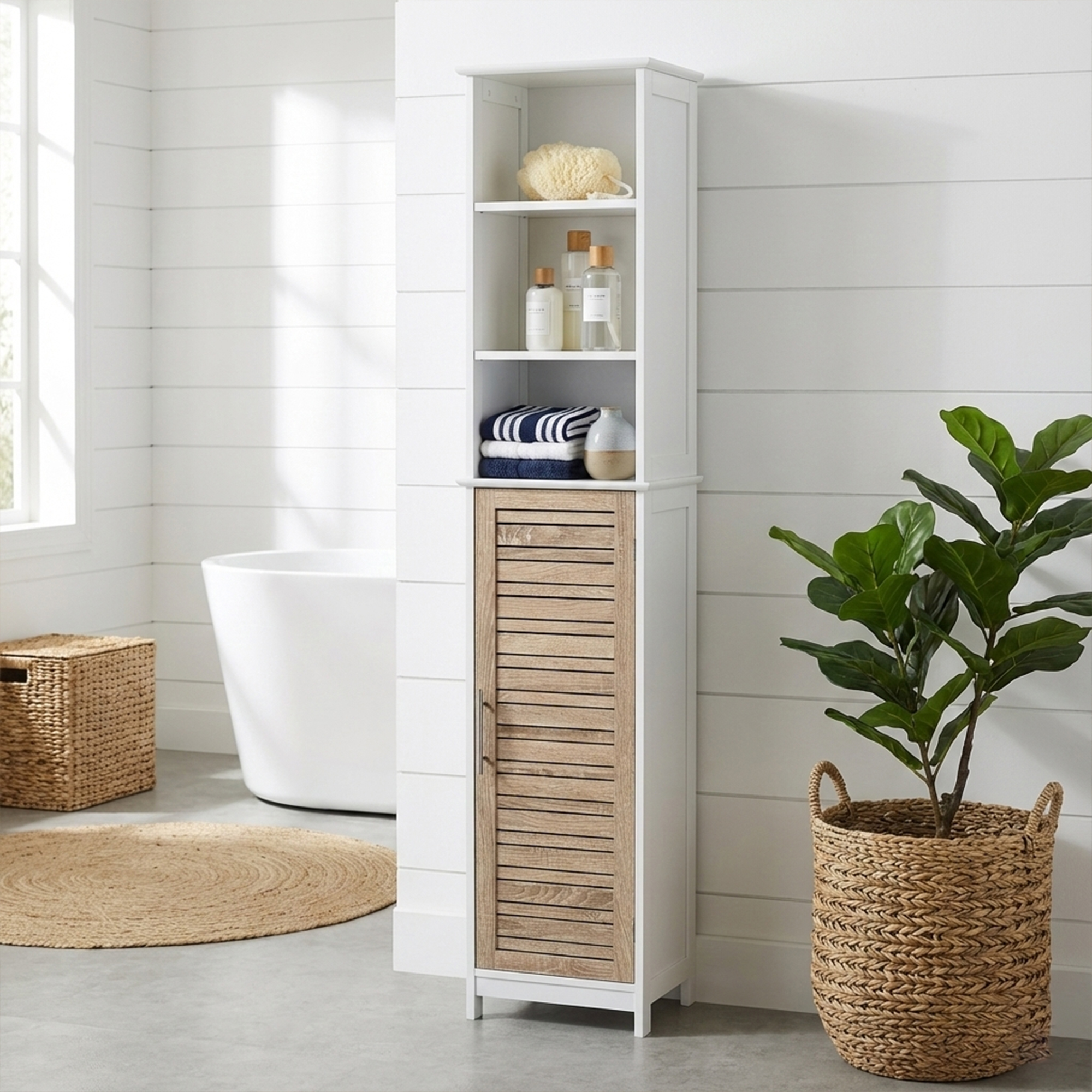 “Tall white bathroom cabinet with wood vented door and open shelves”