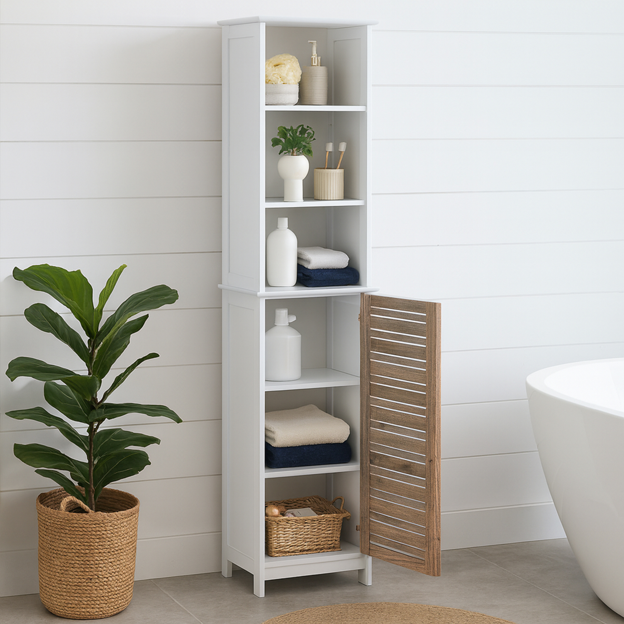 “Tall bathroom storage cabinet open showing shelves with towels and bottles”