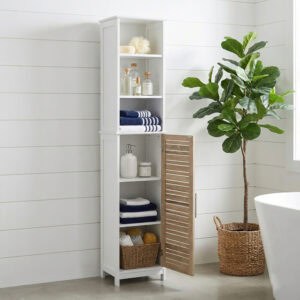 “White tall cabinet with open wood vented door displaying organized storage”
