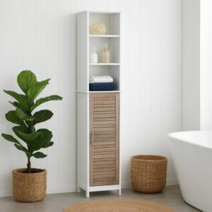 “Tall white bathroom cabinet with wood vented door and top open shelves”