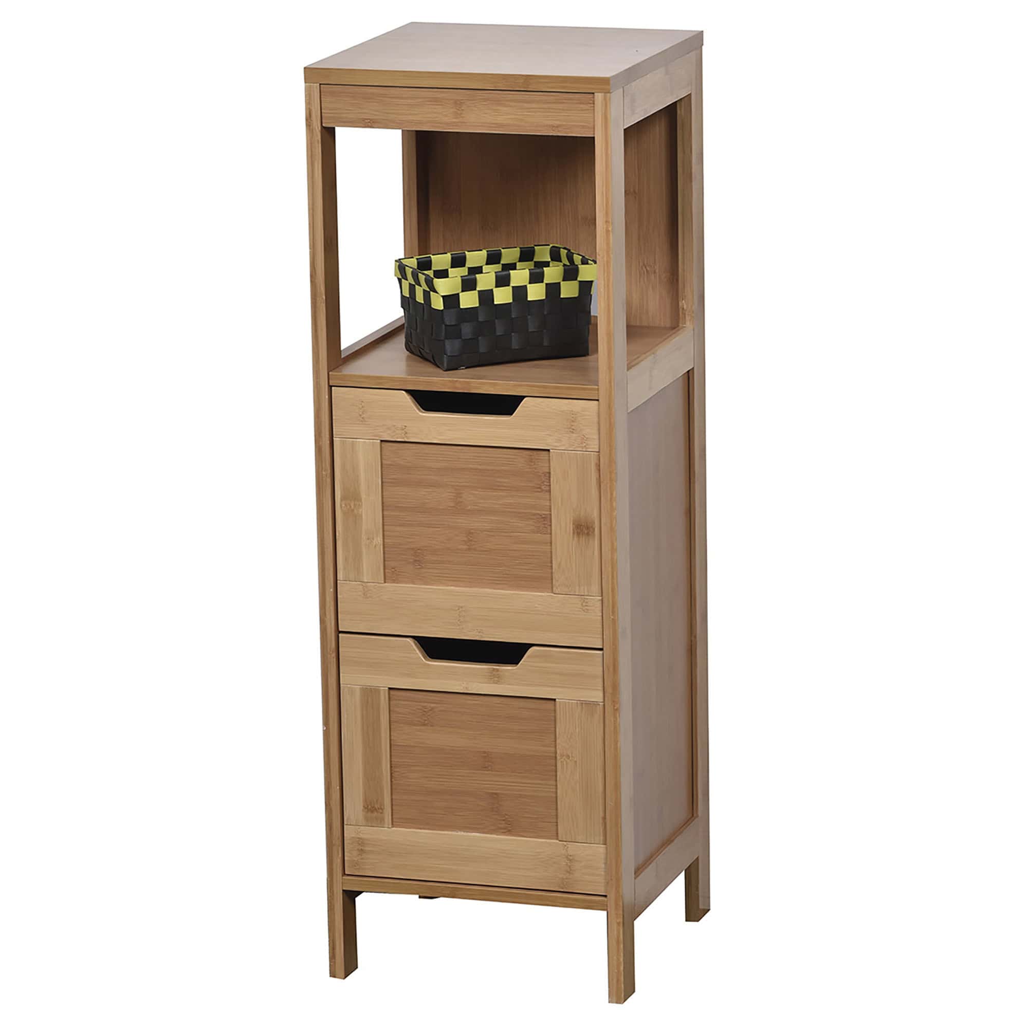 Bamboo Storage Cabinet with Open Shelf and Drawers - A compact bamboo storage cabinet featuring an open shelf and two drawers, ideal for organizing bathroom essentials in a stylish, natural look.