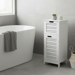 White slatted two-door bathroom floor cabinet with succulent and candle on top, beside a freestanding bathtub in a gray tiled bathroom