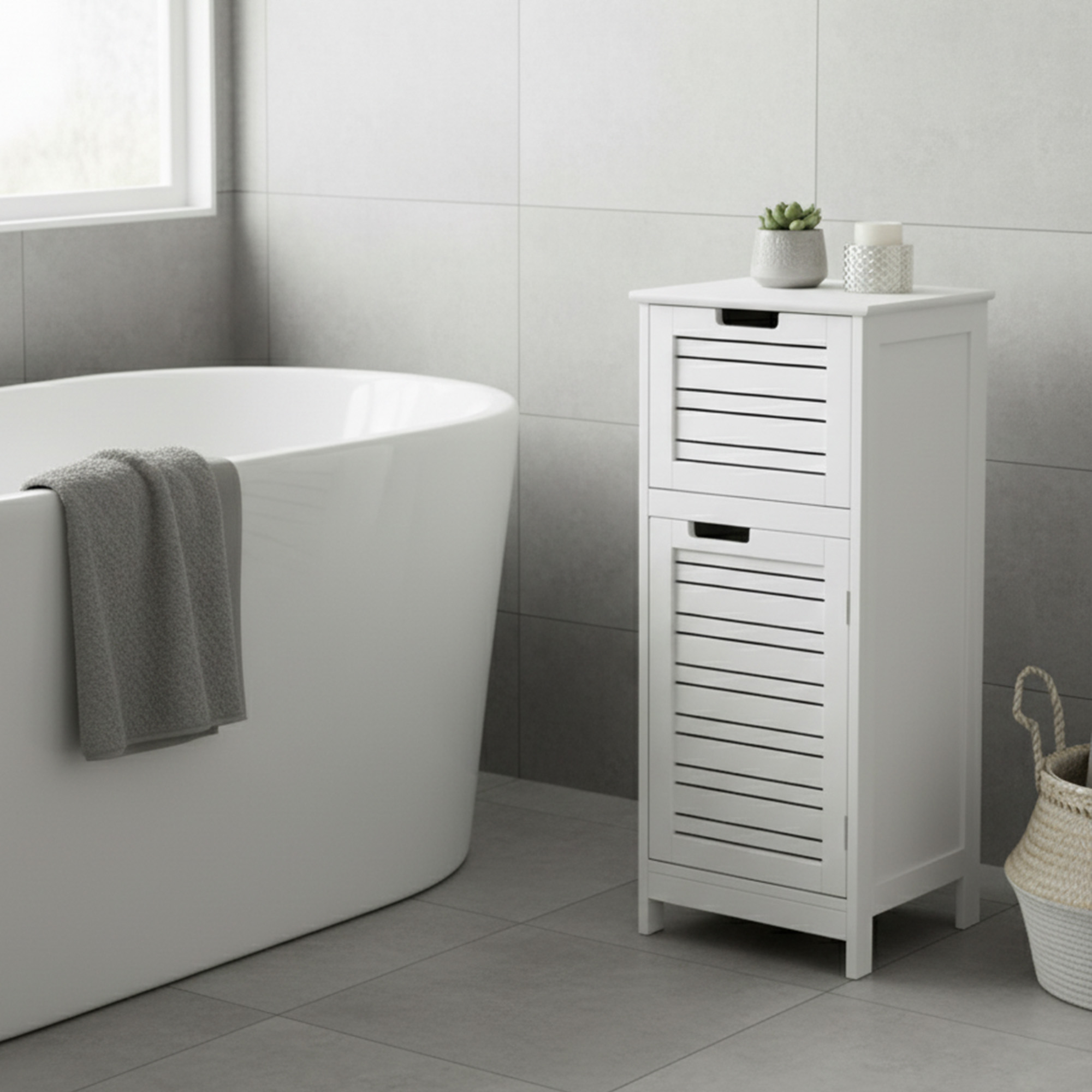White slatted two-door bathroom floor cabinet with succulent and candle on top, beside a freestanding bathtub in a gray tiled bathroom