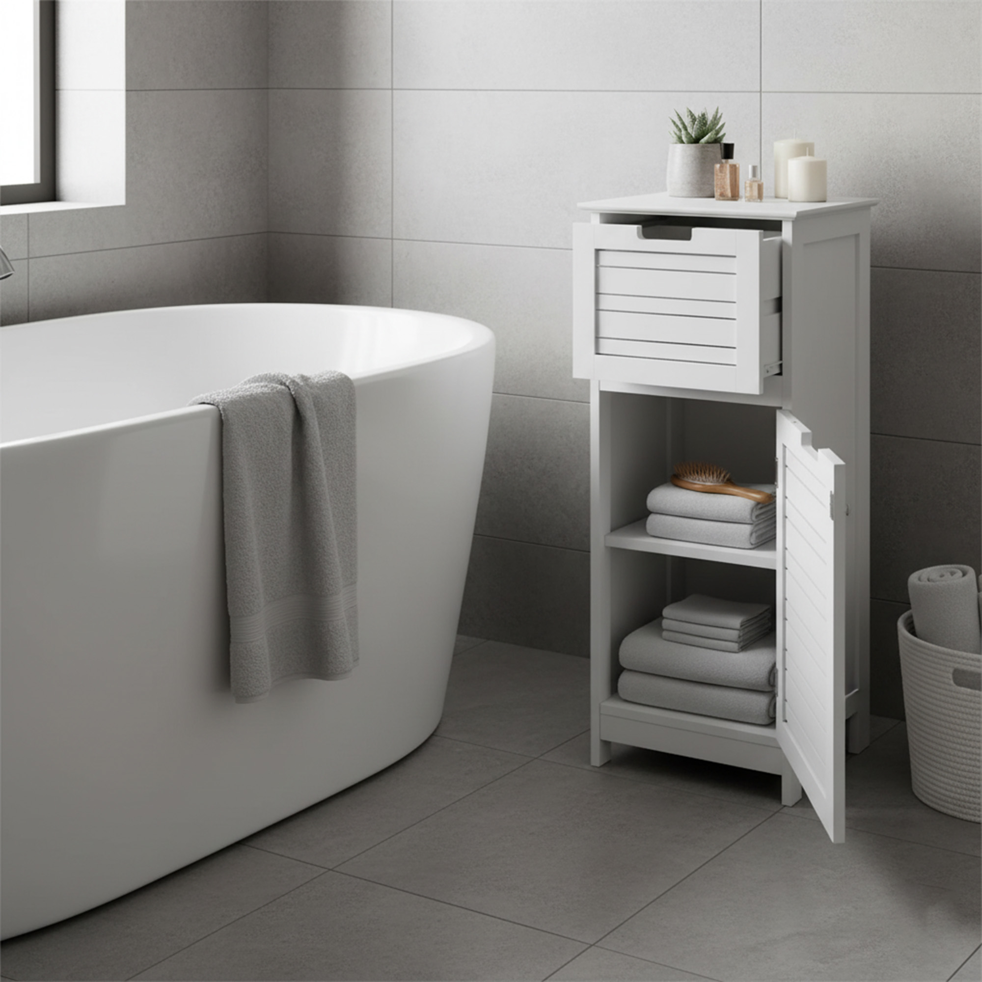White slatted bathroom floor cabinet with upper drawer open and lower door open showing folded towels on shelves, beside a freestanding bathtub