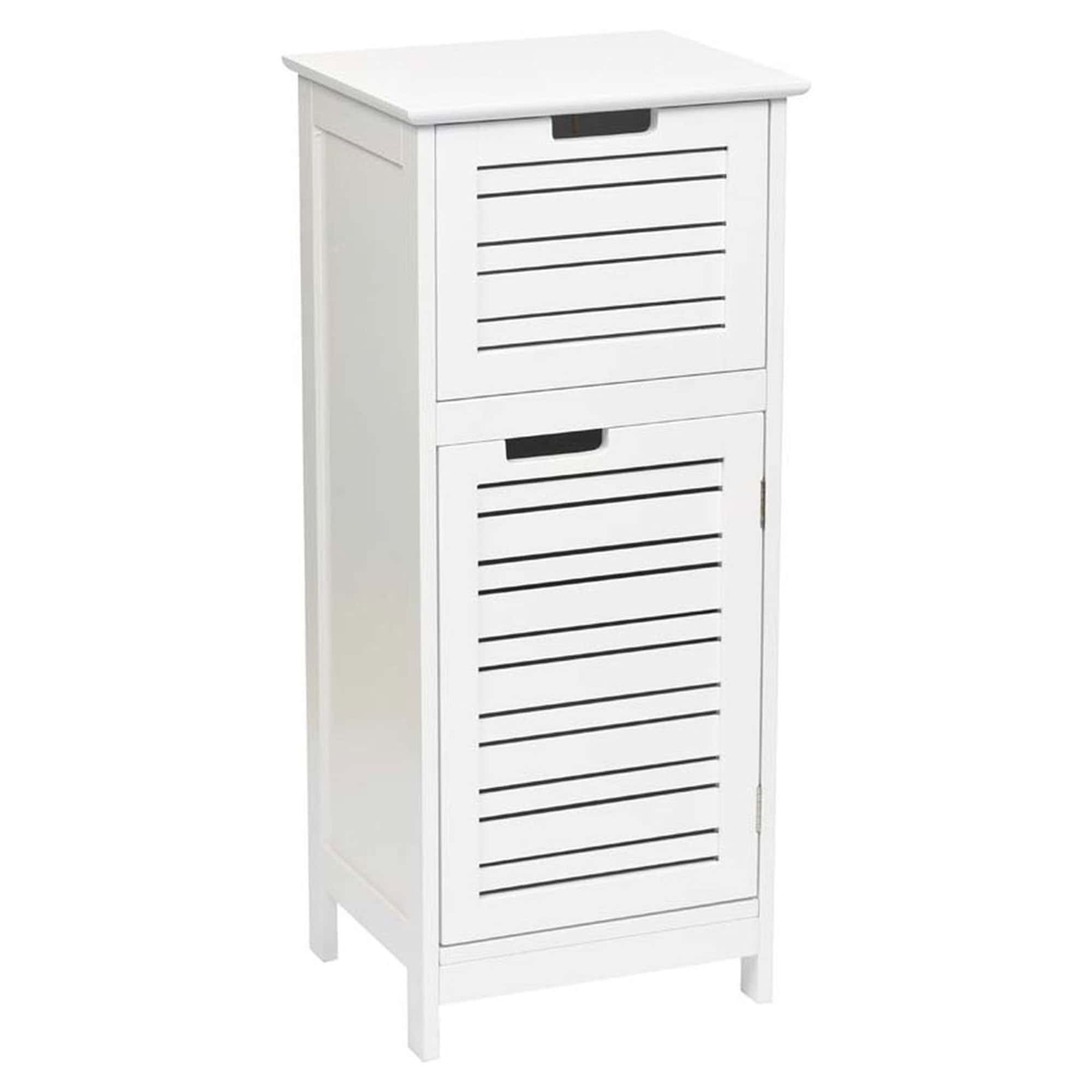 Front view of compact white bathroom storage cabinet – A small white storage cabinet featuring two compartments with slatted doors and cut-out handles, perfect for modern bathroom spaces.