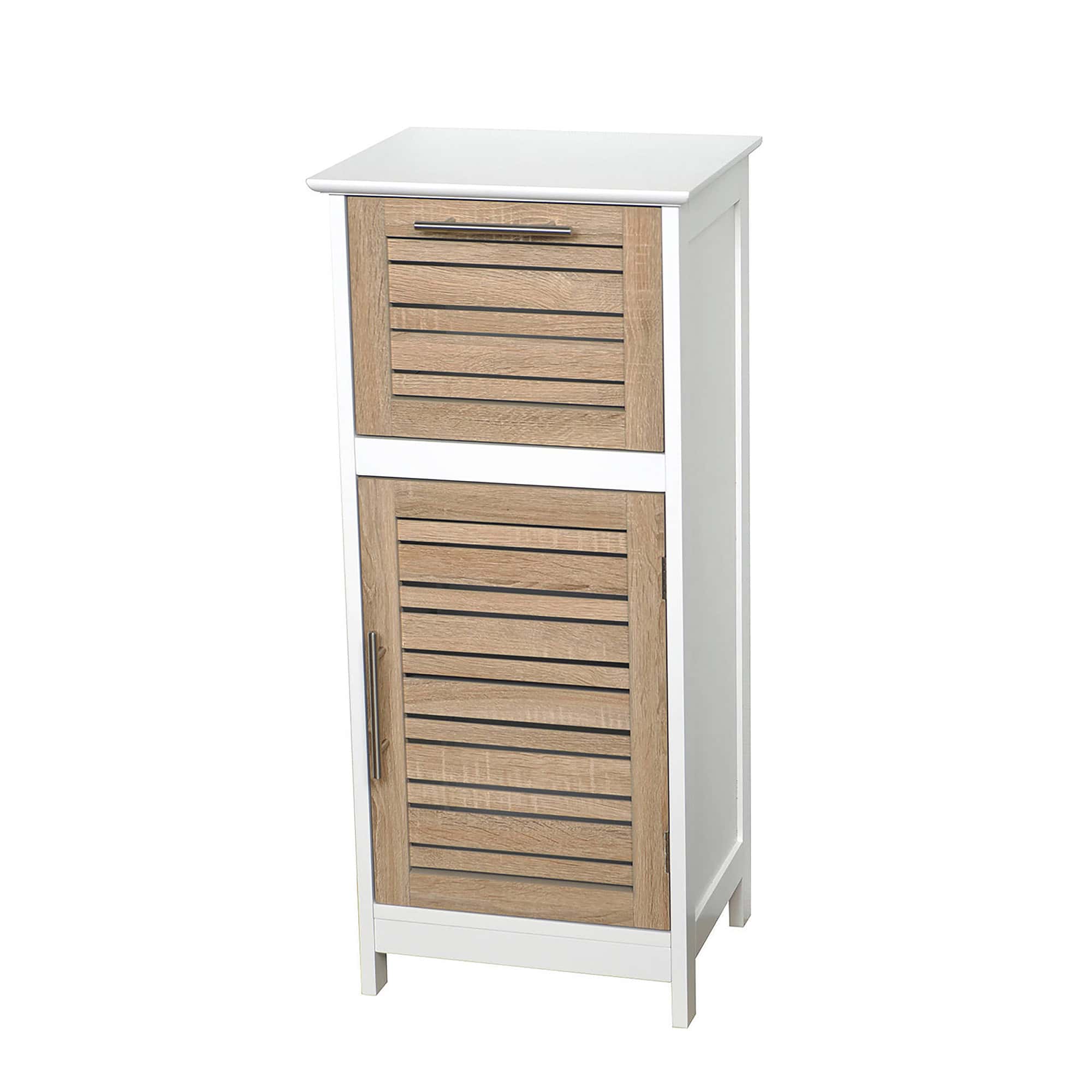 Front view of the compact bathroom storage cabinet: A compact bathroom storage cabinet featuring vented wooden doors, a sleek drawer, and stainless steel handles.