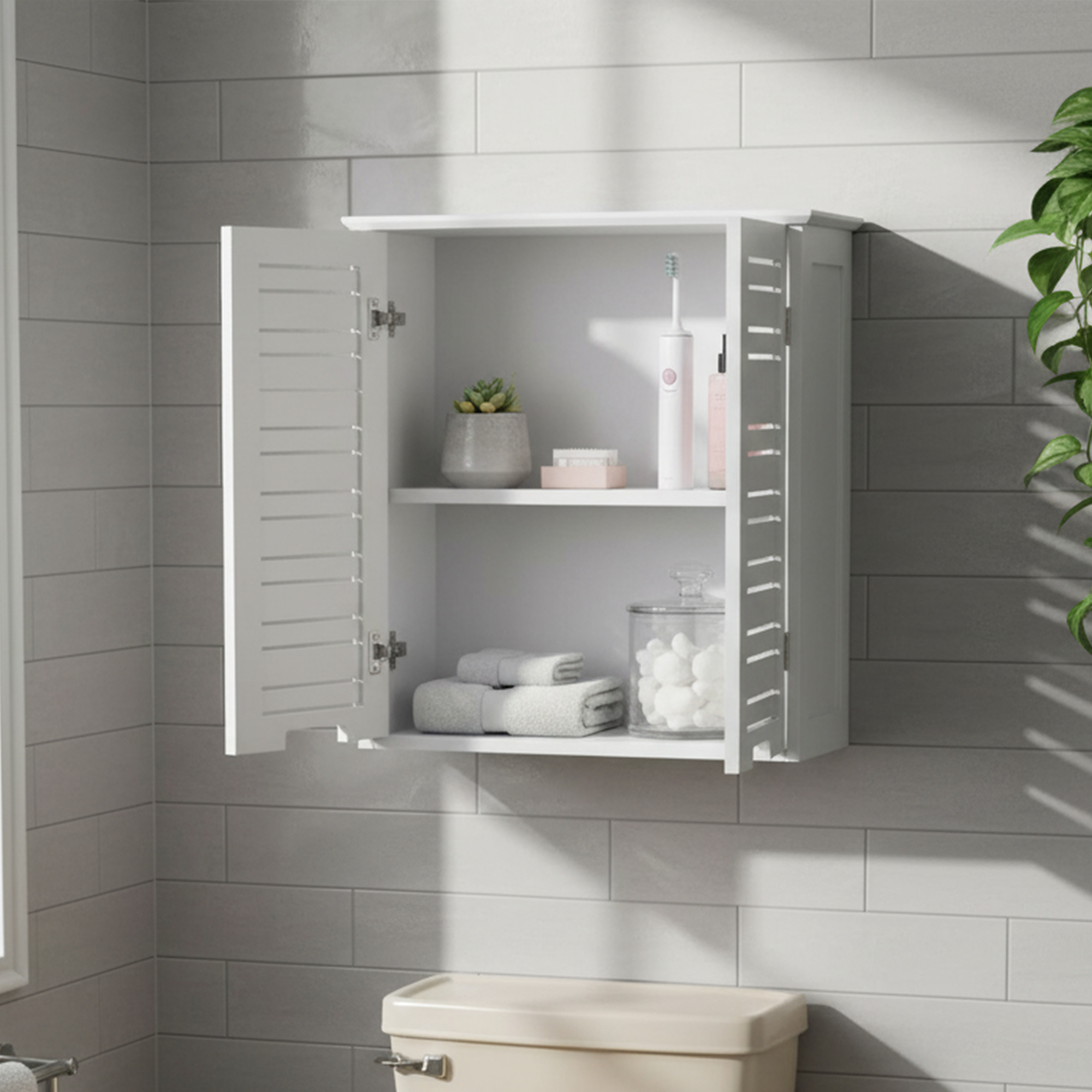 "Open double-door white wall cabinet with two shelves holding toiletries and towels, mounted above a toilet"