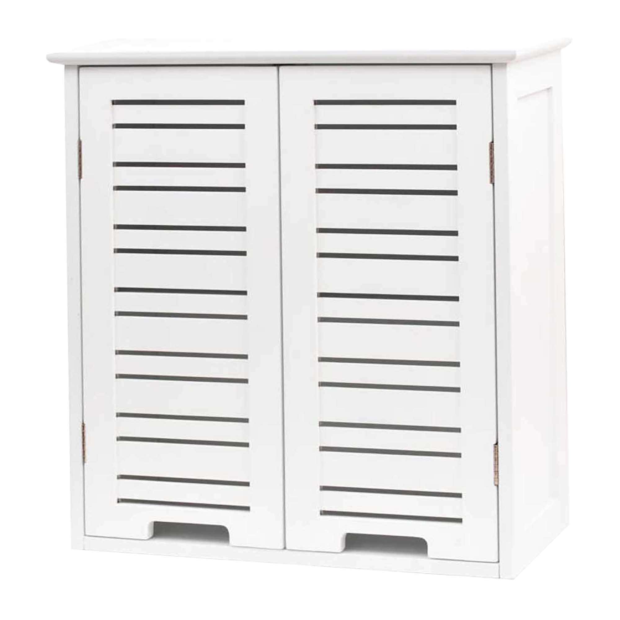 Front view of wall-mounted white bathroom cabinet – A sleek white cabinet with double vented doors and ergonomic cut-out handles, designed for wall mounting in compact spaces.