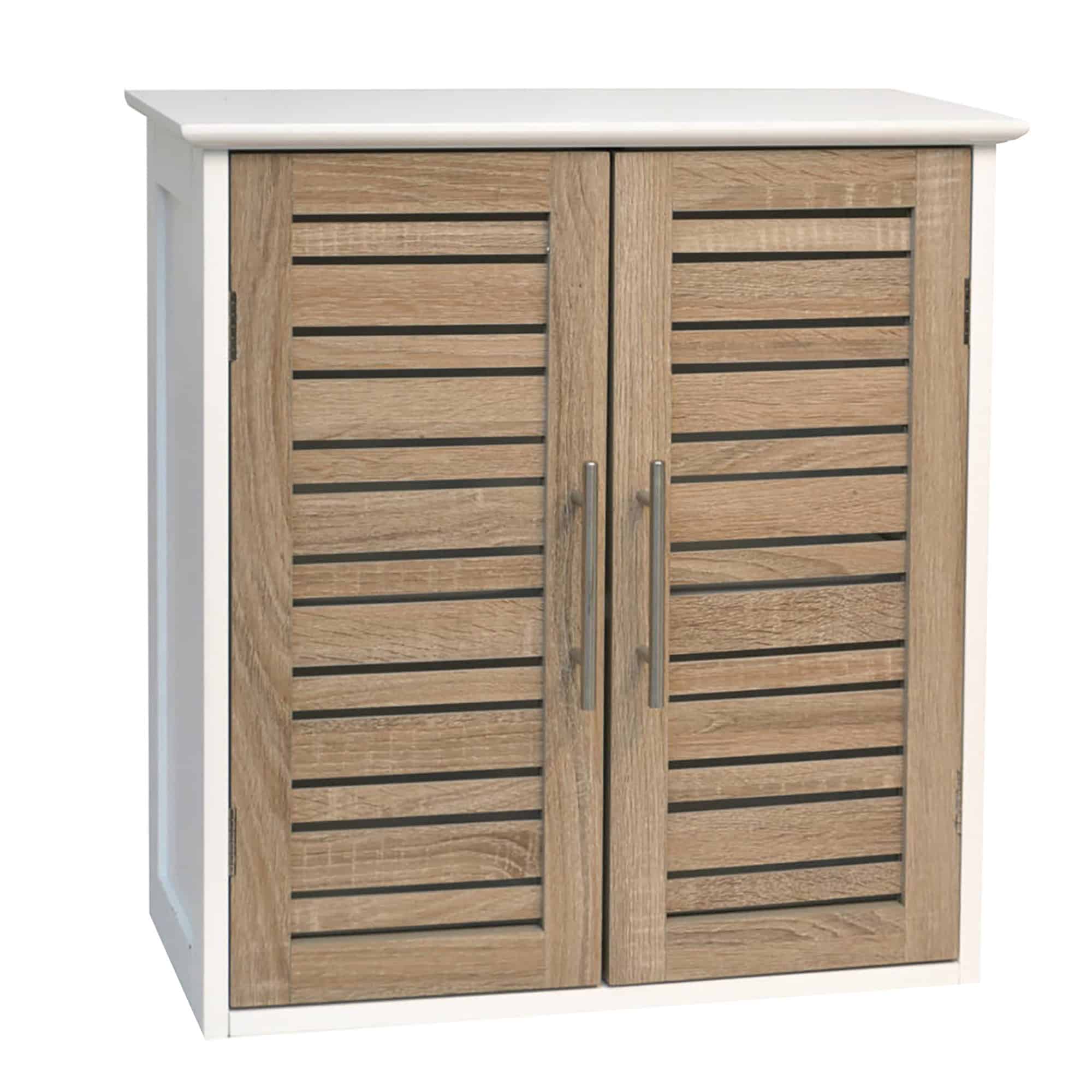 "White and oak double-door louvered wall-mounted bathroom cabinet with stainless steel handles, isolated on white"
