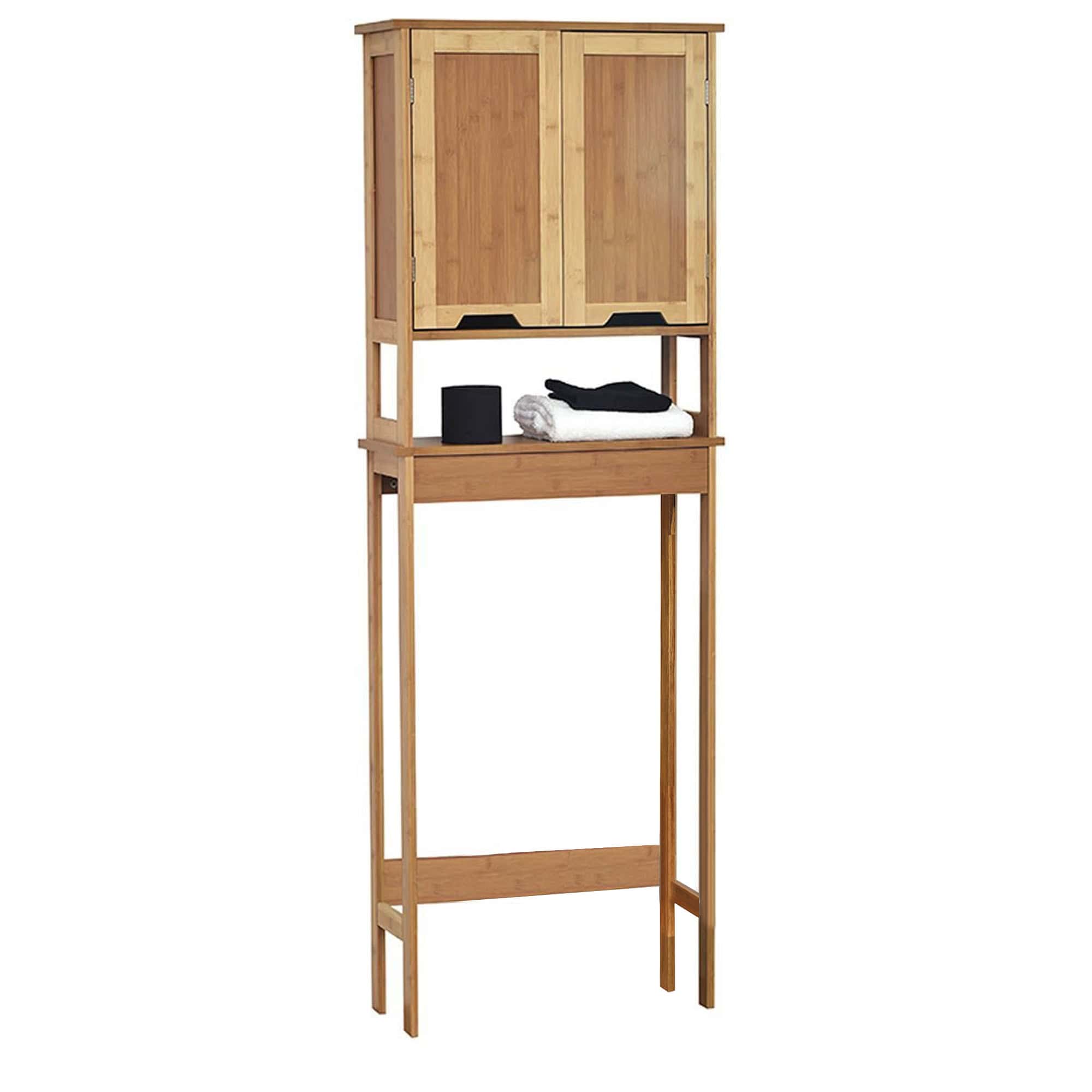 Bamboo Over-the-Toilet Cabinet with Dual Doors and Open Shelf - A bamboo over-the-toilet storage cabinet featuring dual doors with cut-out handles and an open shelf underneath, designed for bathroom organization.