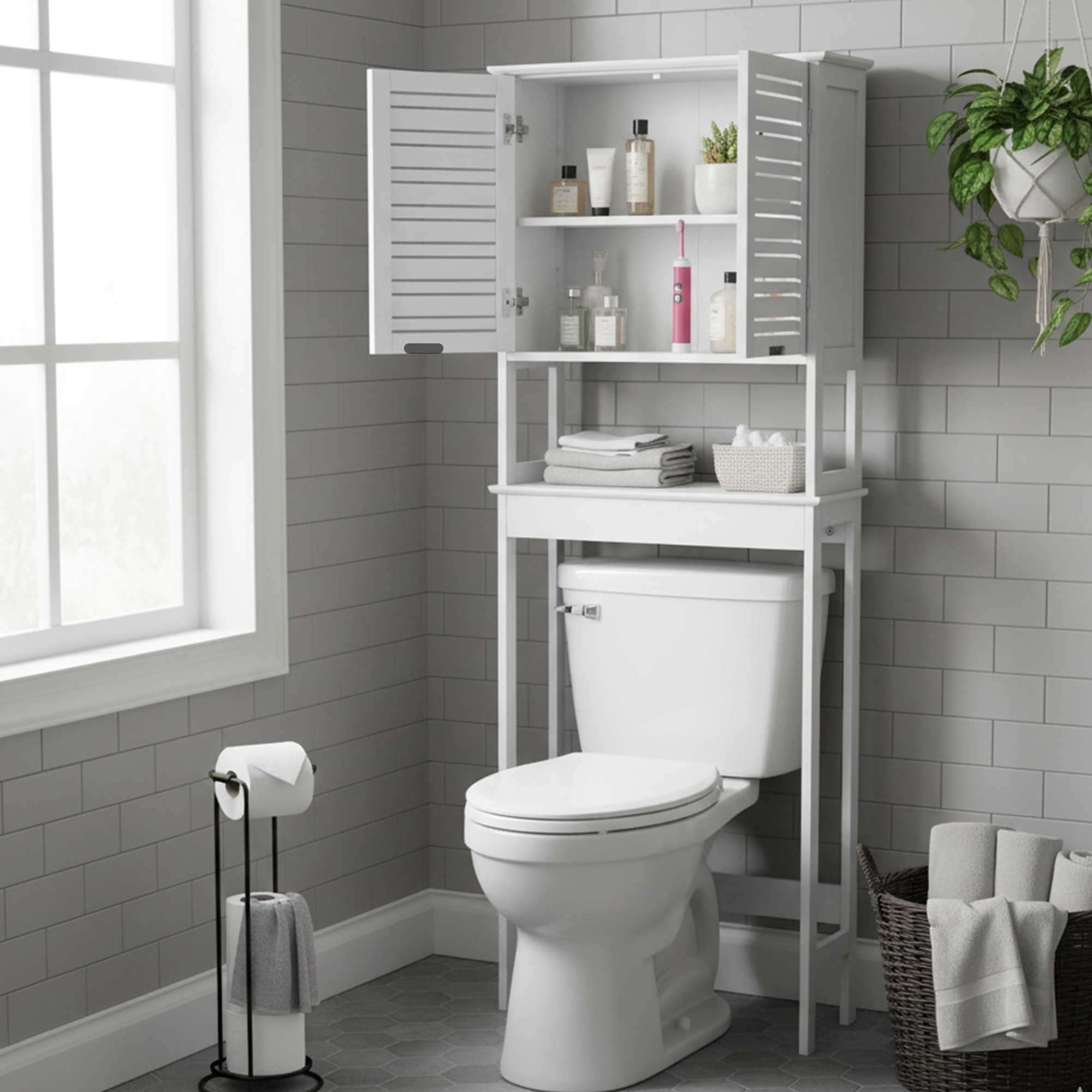 “White over-the-toilet storage cabinet with open doors showing shelves in modern gray bathroom”