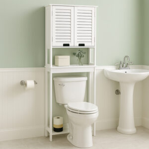Front view of over-the-toilet white storage cabinet – A freestanding white cabinet with vented double doors and cut-out handles, designed to fit above a standard toilet for efficient storage.