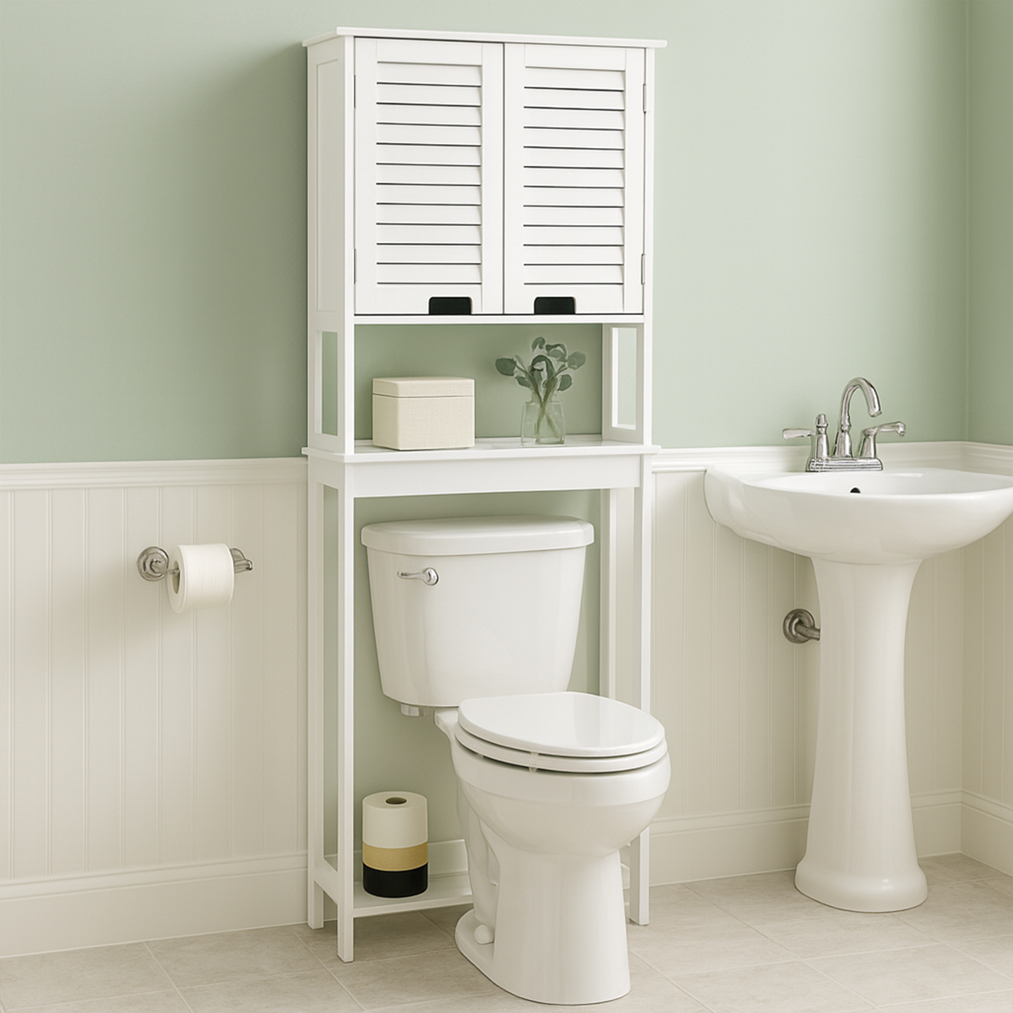 Front view of over-the-toilet white storage cabinet – A freestanding white cabinet with vented double doors and cut-out handles, designed to fit above a standard toilet for efficient storage.