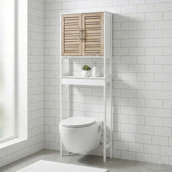 “White over-the-toilet cabinet with wood-look slatted doors in bright white tiled bathroom”