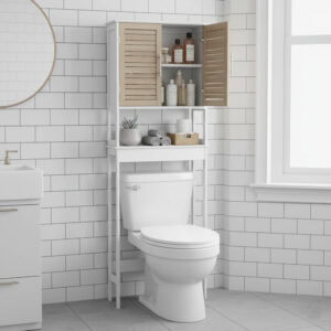 “White over-the-toilet organizer with wood-look doors open showing toiletries on shelves”