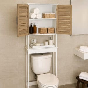 “White over-the-toilet cabinet with wood-look doors open showing organized shelves in beige bathroom”