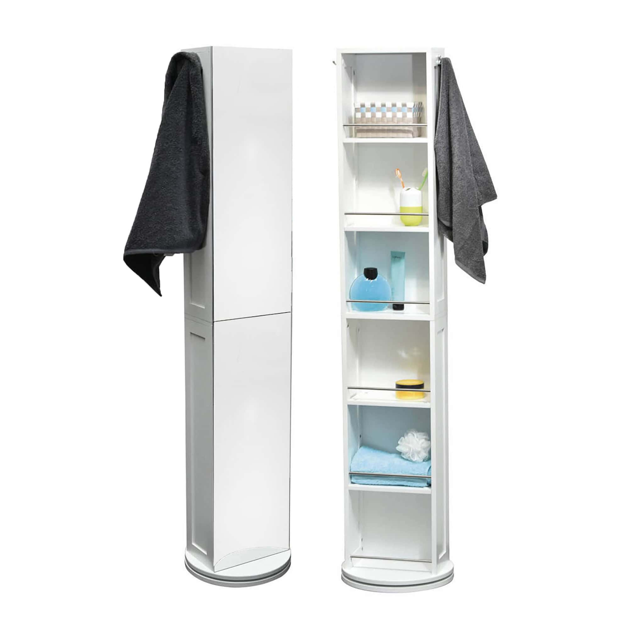 Rotating Storage Cabinet with Full-Length Mirror - A tall, white rotating storage cabinet with a full-length mirror, showcasing a sleek and compact design for efficient organization.