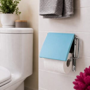 Aqua Blue cover toilet paper holder screw-mounted on white tile beside a toilet, holding a white roll under a flip-up blue cover, styled with a plant, towels, and pink flower.