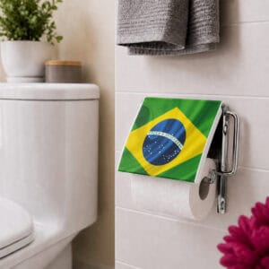 Brazil flag print toilet paper holder screw-mounted on white tile beside a toilet, holding a white roll under a flip-up Brazilian flag cover, styled with a plant, towels, and pink flower.