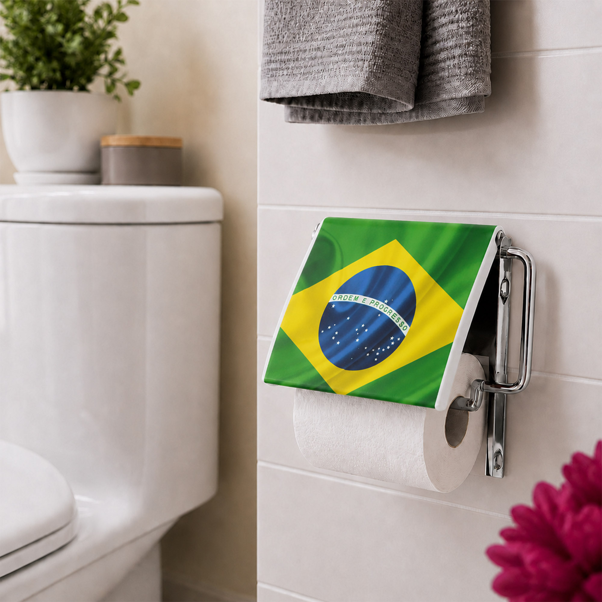 Brazil flag print toilet paper holder screw-mounted on white tile beside a toilet, holding a white roll under a flip-up Brazilian flag cover, styled with a plant, towels, and pink flower.