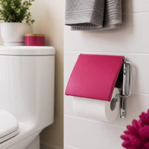 Fuchsia cover toilet paper holder screw-mounted on white tile beside a toilet, holding a white roll under a flip-up fuchsia cover, styled with a plant, towels, and pink flower.