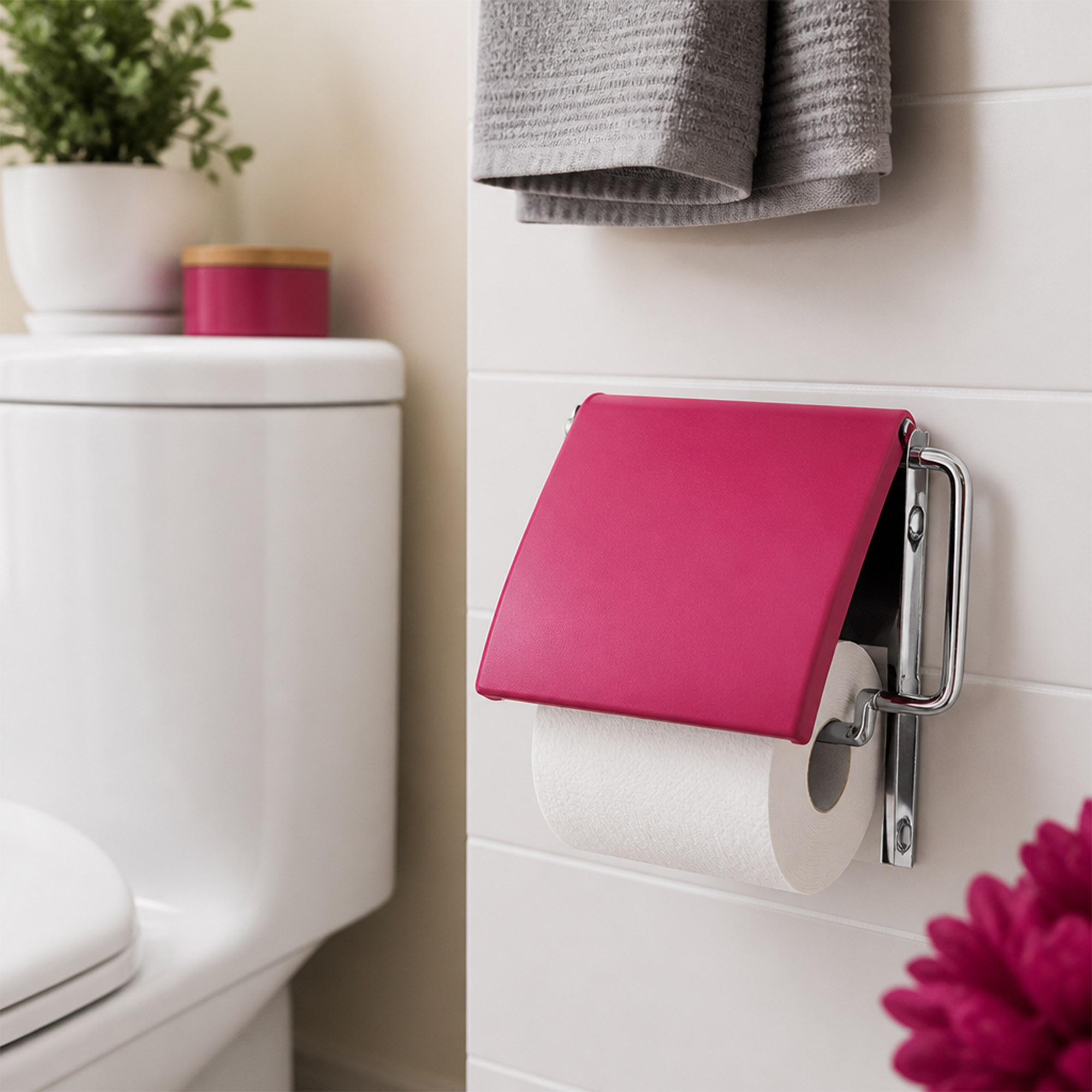 Fuchsia cover toilet paper holder screw-mounted on white tile beside a toilet, holding a white roll under a flip-up fuchsia cover, styled with a plant, towels, and pink flower.