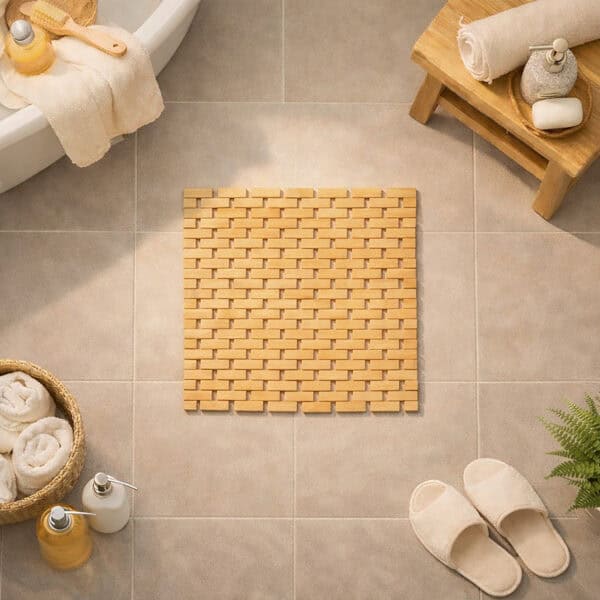Bamboo bath mat with woven basketweave pattern on gray tile floor surrounded by spa accessories