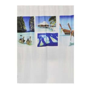 Beach-themed shower curtain with tropical photo prints