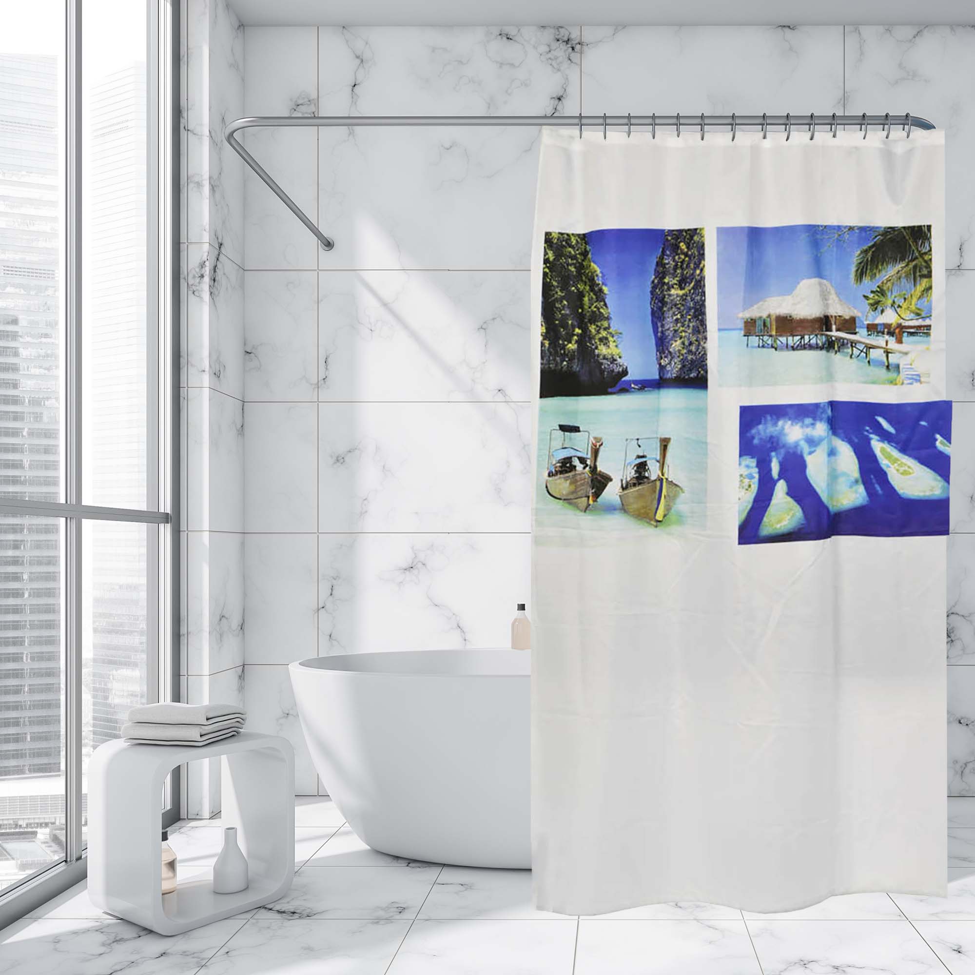 Beach print shower curtain in marble bathroom