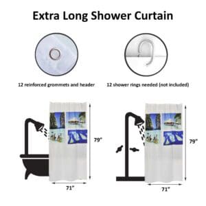 Extra-long shower curtain size diagram with tropical print