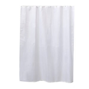 Plain white extra-long shower curtain on white background