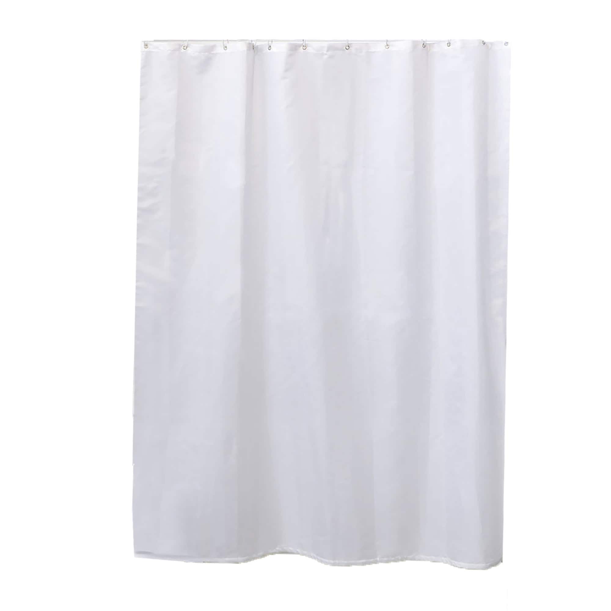 Plain white extra-long shower curtain on white background
