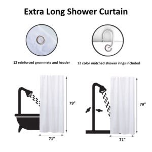 Extra-long shower curtain size diagram showing 71x79 inches with 12 grommets