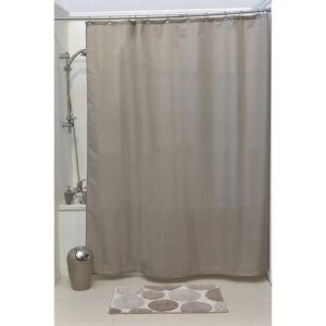 Taupe shower curtain displayed in bathtub setup with matching mat