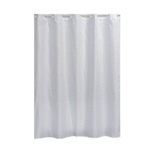 White hookless shower curtain with integrated rings on plain background