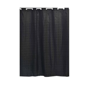 Black hookless shower curtain with integrated rings on plain background