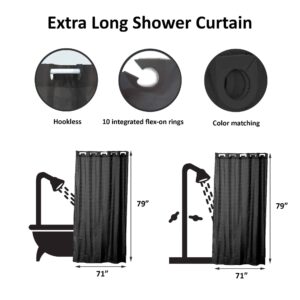 Extra-long white hookless shower curtain size diagram 71x79 inches