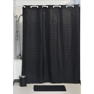 Black hookless shower curtain with cubic pattern hanging in bathtub setup