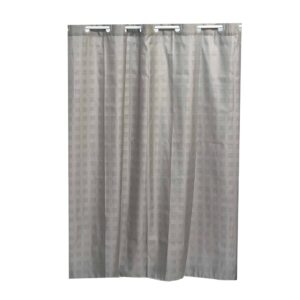 Taupe hookless shower curtain with integrated rings on plain background