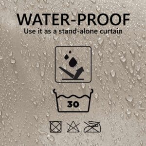 Waterproof taupe cubic-pattern fabric with care symbols on wet textured background