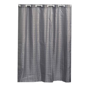 Gray hookless shower curtain with integrated rings on plain background