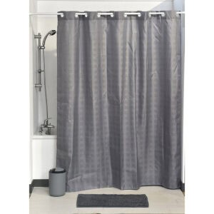 Waterproof gray cubic-pattern fabric with care symbols on wet textured background