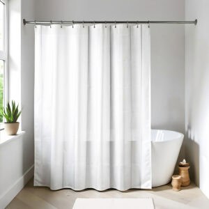 White shower curtain in a bright modern bathroom