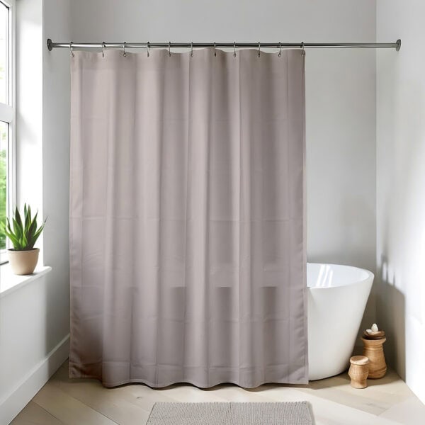 Taupe shower curtain in a bright modern bathroom
