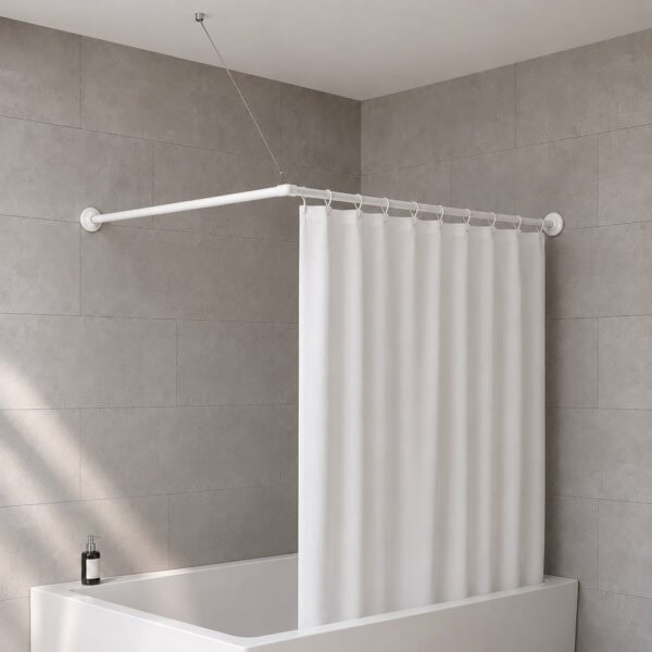 White L-shaped corner shower rod installed in modern gray tile bathroom with closed white curtain over corner bathtub