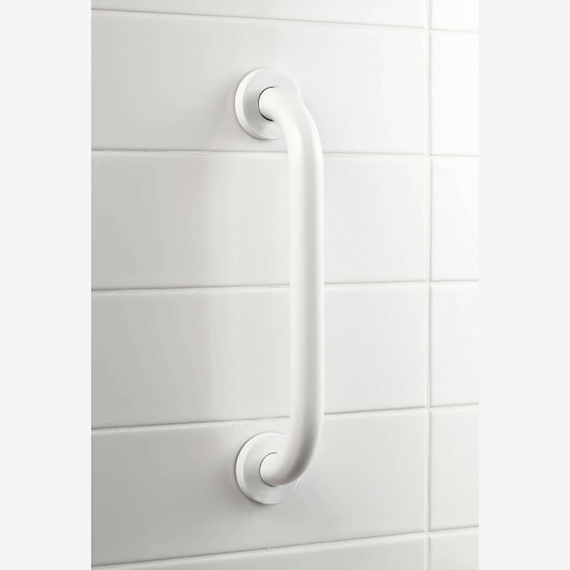 White grab bar mounted on bathroom wall, ideal for support and stability.